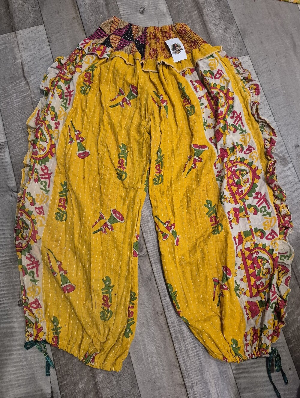 Custom High Quality Kantha Bohemian Patchwork Ruffle High-Waist Jogger Pant L-XL